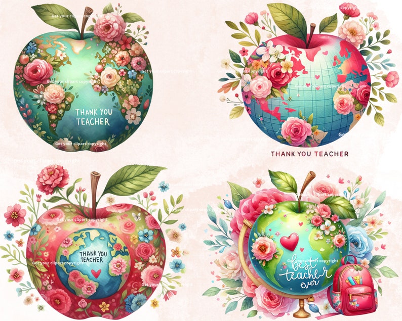 Puede incluir: Cuatro ilustraciones de manzanas con flores y un globo terr&aacute;queo en su interior. Las manzanas son rojas, verdes y azules. El texto "Gracias Profesor" aparece en tres de las manzanas. La cuarta manzana tiene el texto "Mejor Profesor de Todos los Tiempos".