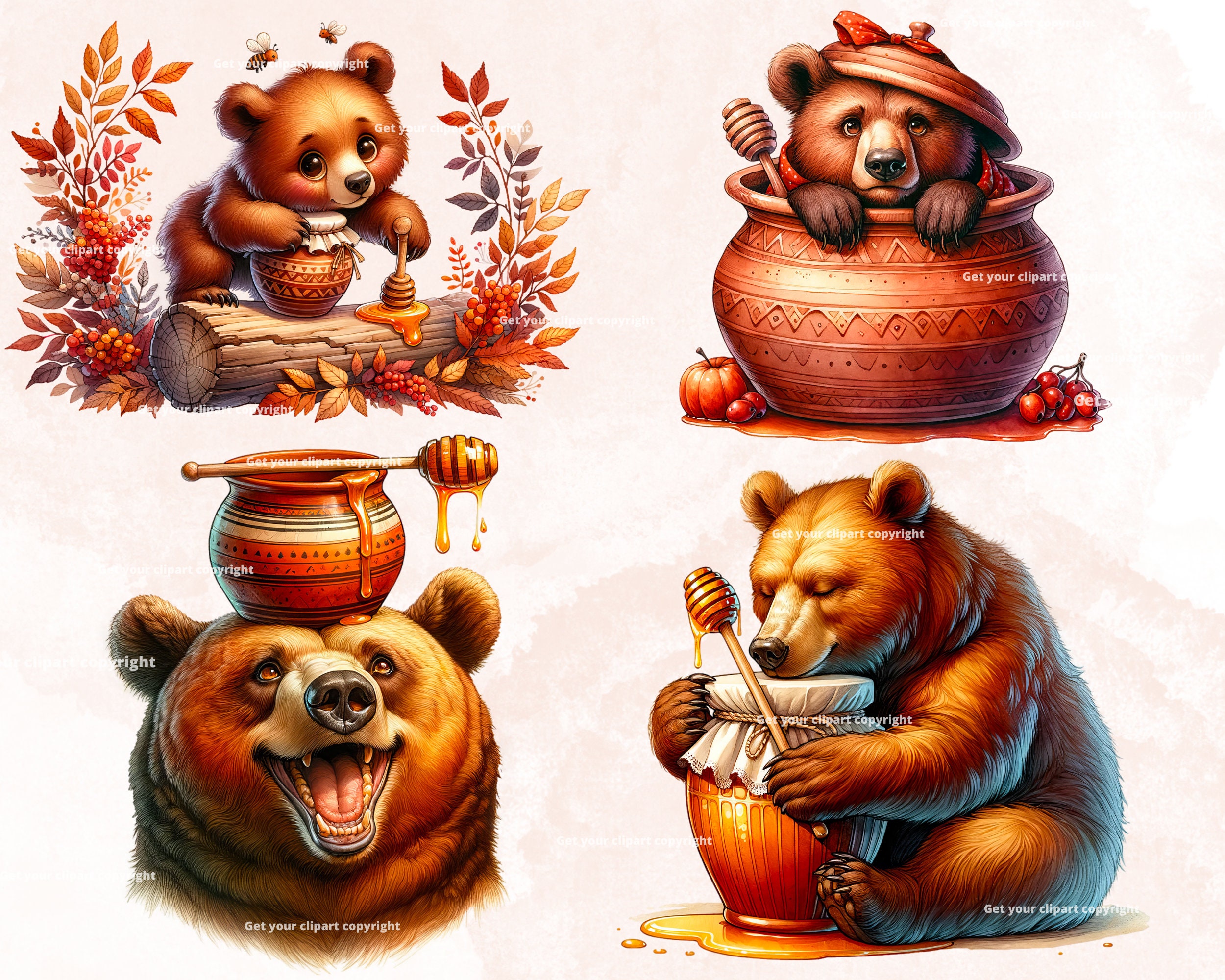 Bear and Honey Clipart Bundle, Bear Watercolor PNG, Honey Graphics ...