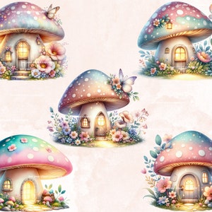 May include: Five whimsical mushroom houses with glowing windows, each with a unique design and surrounded by colorful flowers and butterflies.