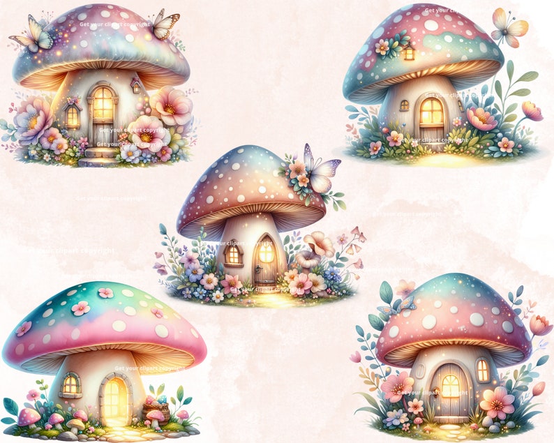 May include: Five whimsical mushroom houses with glowing windows, each with a unique design and surrounded by colorful flowers and butterflies.