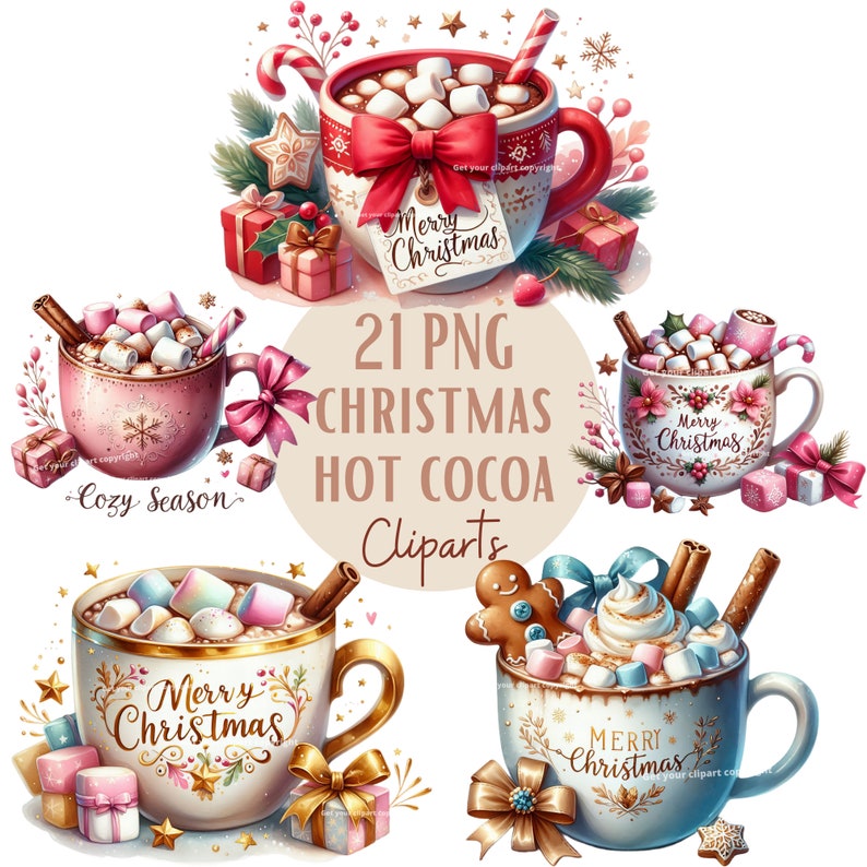 May include: A set of 21 digital clipart images featuring festive hot chocolate mugs with marshmallows, whipped cream, and candy canes. The mugs are decorated with Christmas-themed designs and text, including "Merry Christmas", "Cozy Season", and "Merry Christmas".