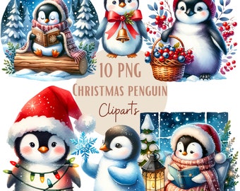 Christmas Penguins clipart bundle, Cute penguins, Set of 10, Transparent background, Commercial use, Instant download