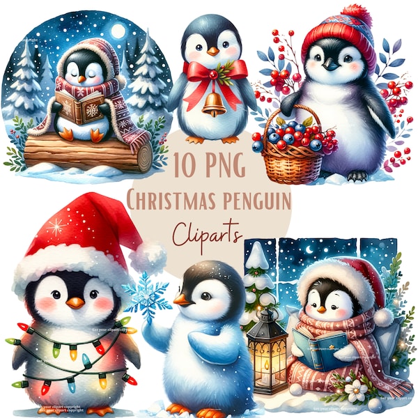 Christmas Penguins clipart bundle, Cute penguins, Set of 10, Transparent background, Commercial use, Instant download