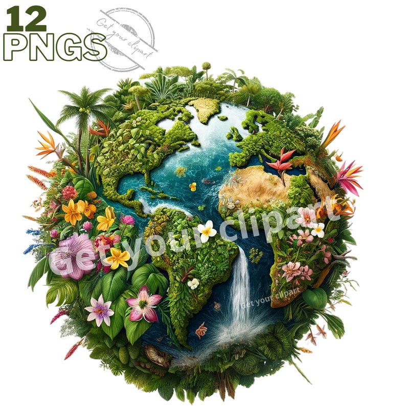Peut inclure: Une illustration color&eacute;e de la Terre avec une v&eacute;g&eacute;tation luxuriante, des fleurs et une cascade. Les continents sont visibles sur le globe, entour&eacute;s d'eau bleue. L'image est entour&eacute;e d'un fond blanc.