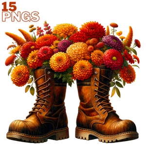 May include: A pair of brown leather boots with laces, each filled with a bouquet of orange, red, and yellow chrysanthemums.