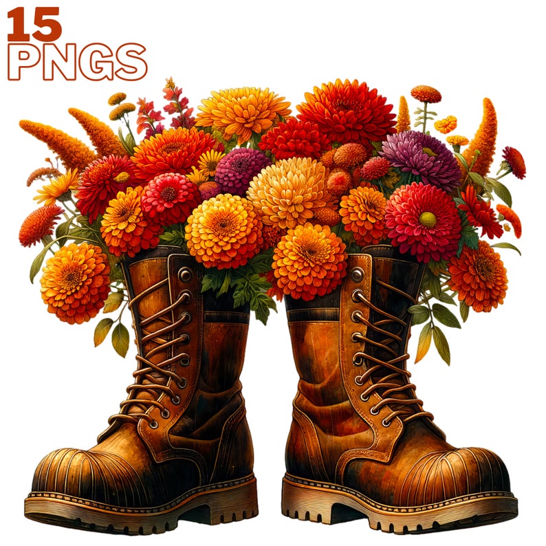 May include: A pair of brown leather boots with laces, each filled with a bouquet of orange, red, and yellow chrysanthemums.