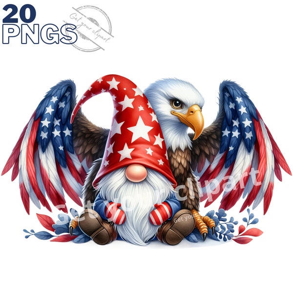 Ensemble d'illustrations de gnomes 4th of July, cliparts patriotiques pour tous vos projets créatifs, usage commercial inclus