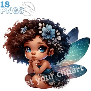 Puede incluir: Ilustración digital de un hada con cabello rizado oscuro adornado con flores azules y un vestido a juego. El hada tiene grandes ojos azules y delicadas alas. La imagen incluye el texto "18 PNGS" y "Get your clipart".