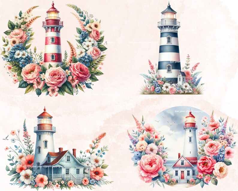 Floral Lighthouse Clipart Bundle, Nautical Graphics, Nautical Png ...
