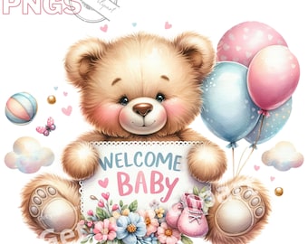 Zestaw ilustracji przedstawiających narodziny lub babyshower, kliparty w stylu akwareli do wszystkich Twoich kreatywnych i profesjonalnych projektów