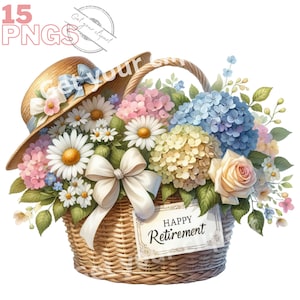 May include: A wicker basket filled with a bouquet of flowers, including daisies, hydrangeas, and a single rose. The basket is decorated with a straw hat and a white ribbon. A sign attached to the basket reads "Happy Retirement".