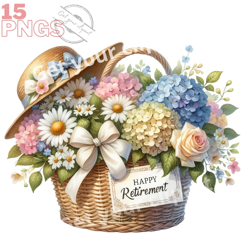 May include: A wicker basket filled with a bouquet of flowers, including daisies, hydrangeas, and a single rose. The basket is decorated with a straw hat and a white ribbon. A sign attached to the basket reads "Happy Retirement".