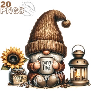 Ensemble d'illustrations de gnomes avec un café, cliparts d'automne pour tous vos projets créatifs, usage commercial inclus