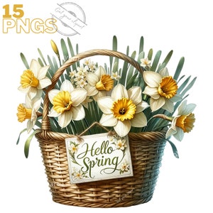 K&ouml;nnte beinhalten: Ein Weidenkorb gef&uuml;llt mit gelben Narzissen und einem Schild mit der Aufschrift "Hello Spring".