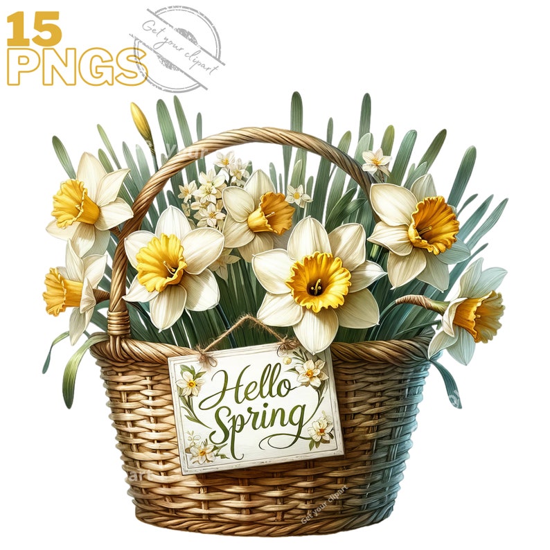 K&ouml;nnte beinhalten: Ein Weidenkorb gef&uuml;llt mit gelben Narzissen und einem Schild mit der Aufschrift "Hello Spring".