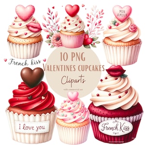 Ensemble d'illustrations de Saint-Valentin , Cliparts romantiques de cupcakes façon aquarelle pour tous vos projets créatifs