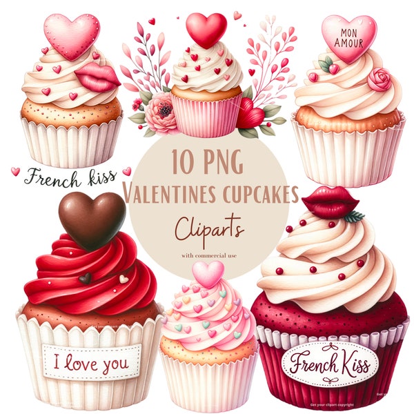 Conjunto de ilustraciones del Día de San Valentín, románticas imágenes prediseñadas de cupcakes en acuarela para todos tus proyectos creativos