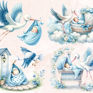 May include: Four illustrations of storks delivering babies. The first shows a stork carrying a baby wrapped in a blue blanket. The second shows a stork delivering a baby in a blue and white cot. The third shows a stork delivering a baby in a blue and white bassinet. The fourth shows a stork delivering a baby in a blue and white cot.