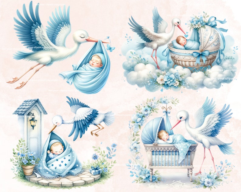 May include: Four illustrations of storks delivering babies. The first shows a stork carrying a baby wrapped in a blue blanket. The second shows a stork delivering a baby in a blue and white cot. The third shows a stork delivering a baby in a blue and white bassinet. The fourth shows a stork delivering a baby in a blue and white cot.
