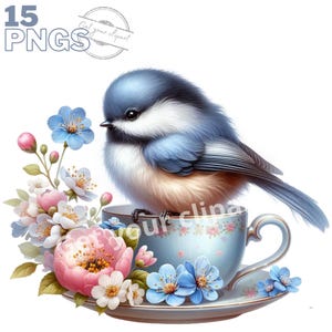 Ensemble d'illustrations d'oiseaux dans une tasse à thé, Clipart d'oiseaux façon aquarelle pour tous vos projets créatifs et professionnels