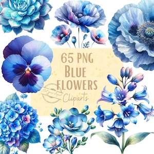 Ensemble d'illustrations de fleurs bleues, Cliparts de fleurs printanières façon aquarelle pour tous vos projets créatifs et professionnels