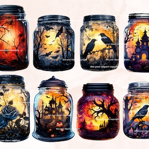 May include: Eight glass jars with black lids, each containing a different Halloween-themed scene painted inside. The scenes include a haunted house, a forest with bats, a crow on a branch, a blue rose, and a pumpkin.