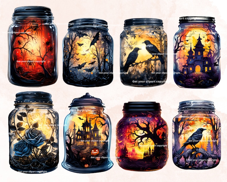 May include: Eight glass jars with black lids, each containing a different Halloween-themed scene painted inside. The scenes include a haunted house, a forest with bats, a crow on a branch, a blue rose, and a pumpkin.