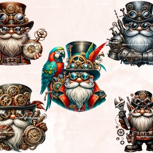 Puede incluir: Cinco gnomos steampunk caprichosos con intrincados engranajes y engranajes en sus sombreros y ropa. Un gnomo sostiene un reloj de bolsillo, otro una llave inglesa y otro un loro. Los gnomes llevan todos gafas y tienen largas barbas blancas.