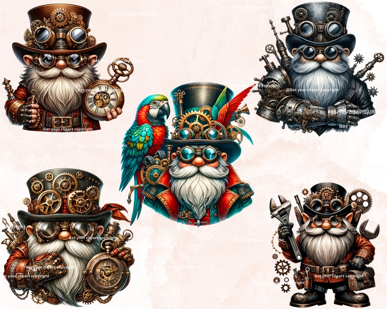 Puede incluir: Cinco gnomos steampunk caprichosos con intrincados engranajes y engranajes en sus sombreros y ropa. Un gnomo sostiene un reloj de bolsillo, otro una llave inglesa y otro un loro. Los gnomes llevan todos gafas y tienen largas barbas blancas.