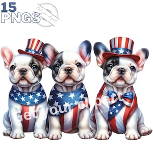 Ensemble d'illustrations de Bouledogue français 4th of July, cliparts patriotiques pour tous vos projets créatifs, usage commercial inclus