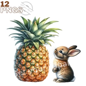Ensemble d'illustrations de lapins et de fruits, cliparts de lapins et de fruits pour tous vos projets créatifs, usage commercial inclus