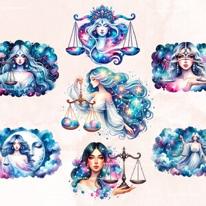 May include: Watercolor illustrations of the zodiac sign Libra, each featuring a woman with flowing hair and a celestial background. The scales of justice are depicted in each image, with a unique design and color scheme.