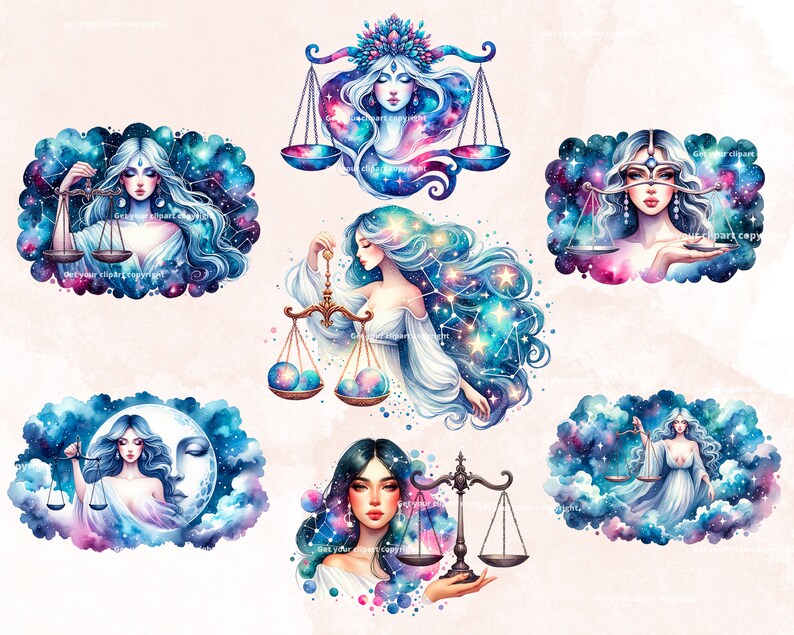 May include: Watercolor illustrations of the zodiac sign Libra, each featuring a woman with flowing hair and a celestial background. The scales of justice are depicted in each image, with a unique design and color scheme.
