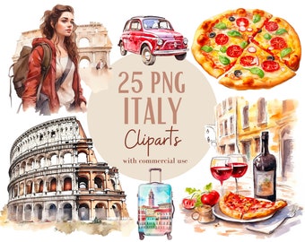 Watercolor Italy travel cliparts, Digital clipart png italian food, olive branch watercolor graphics, Set of 25, watercolor clipart, clipart
