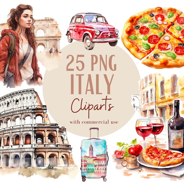 Watercolor Italy travel cliparts, Digital clipart png italian food, olive branch watercolor graphics, Set of 25, watercolor clipart, clipart