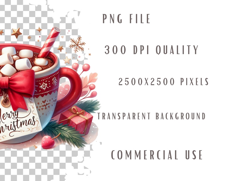 May include: A red mug with a white and red pattern filled with hot chocolate and marshmallows. A red bow with a white tag that says "Merry Christmas" is tied around the mug. The mug is surrounded by green pine branches, a red gift box, and red berries.