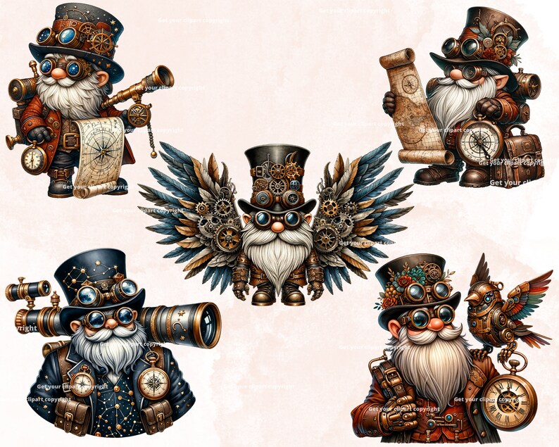 Puede incluir: Cinco gnomos steampunk caprichosos con engranajes, gafas y sombreros de copa. Un gnomo tiene alas, otro sostiene una br&uacute;jula y otro tiene un p&aacute;jaro en el hombro.  Get your clipart copyright.