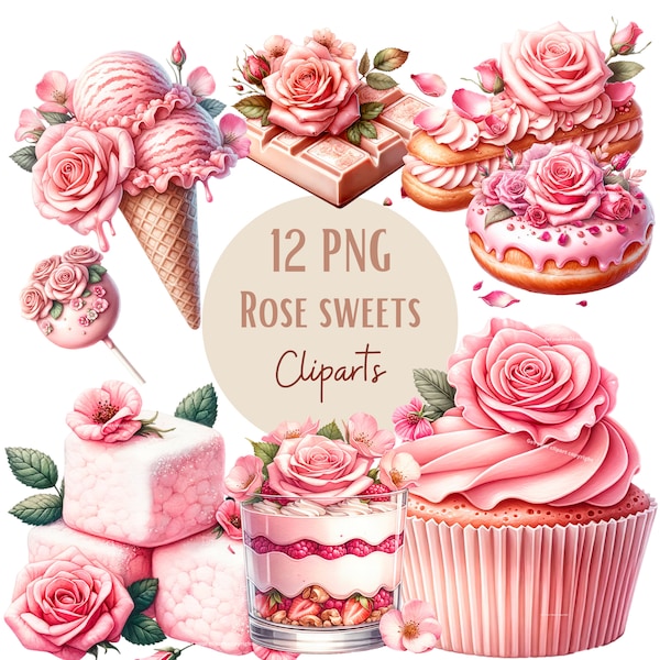 Sweet Valentines clipart bundle, Valentines bakery clipart, Donut clipart, Donut png files, cake clipart, watercolor clipart