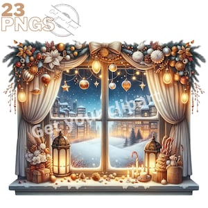 Conjunto de ilustraciones de ventanas navideñas, imágenes prediseñadas navideñas en acuarela para todos sus proyectos creativos y profesionales