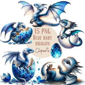 Ensemble d'illustrations de dragons couleur bleu , Cliparts façon aquarelle pour tous vos projets créatifs et professionnels