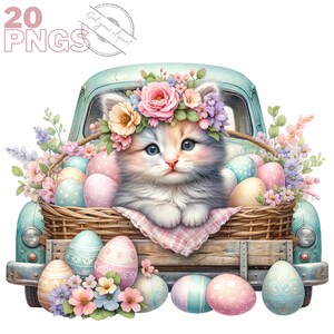 Ensemble d'illustrations de chaton dans un camion de Pâques pour tous vos projets créatifs et professionnels, usage commercial inclus