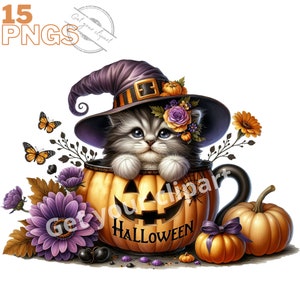 Ensemble d'illustrations de chatons d'Halloween, clipart d'Halloween pour tous vos projets créatifs, usage commercial inclus