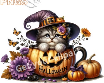 Könnte beinhalten: Eine schwarze Katze mit einer Hexenmütze sitzt in einem Kürbis mit dem Wort "HALLOWEEN" auf der Vorderseite. Die Katze ist von lila Blumen und Kürbissen umgeben.