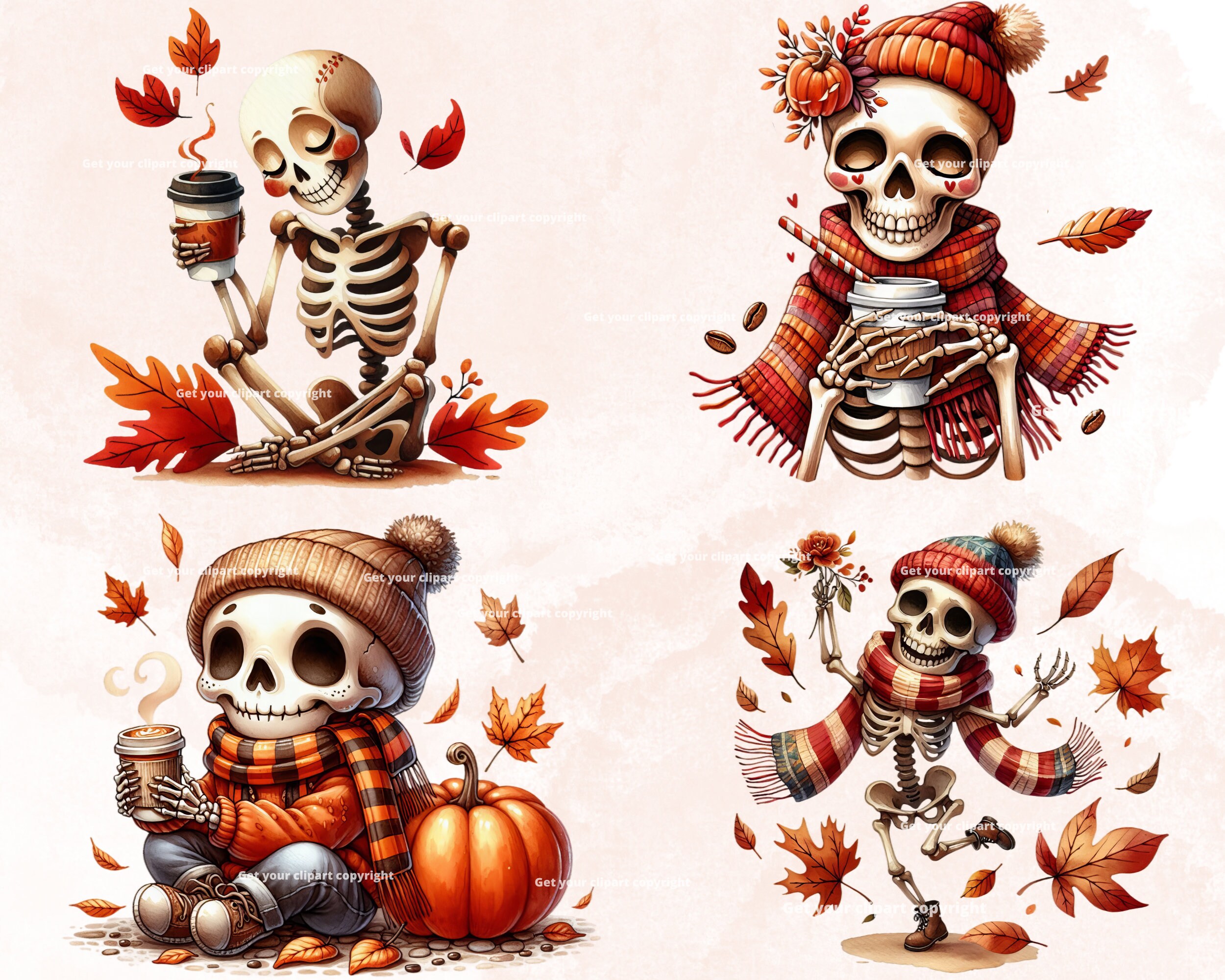 Fall Skeleton Fun Fall Skeleton Clipart Bundle, Skeleton Drinking Coffee, Autumn Skeleton ...