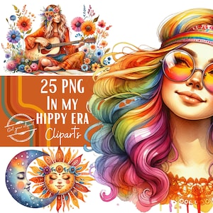 Ensemble d'illustrations Hippies, Cliparts hippies façon aquarelle pour tous vos projets créatifs et professionnels