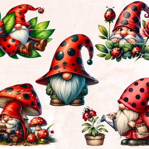 Ladybug Gnome clipart bundle, Gnome clipart, Spring gnome png graphics, Spring sublimation, Transparent background, Commercial Use image 5