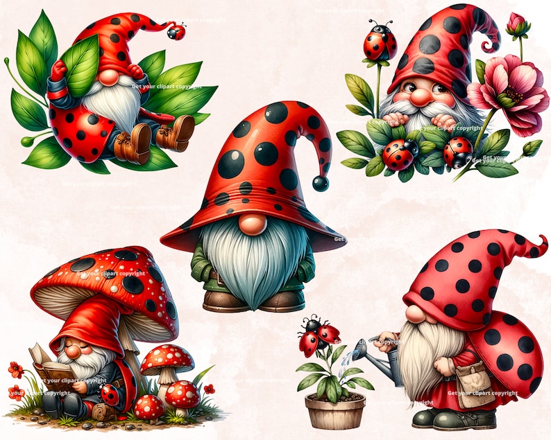 Ladybug Gnome clipart bundle, Gnome clipart, Spring gnome png graphics, Spring sublimation, Transparent background, Commercial Use image 5