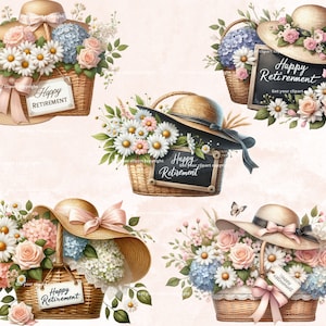 May include: Four floral arrangements with wicker baskets and hats. Each arrangement features a sign that says "Happy Retirement". The flowers are pink, white, and blue.