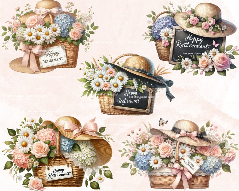 May include: Four floral arrangements with wicker baskets and hats. Each arrangement features a sign that says "Happy Retirement". The flowers are pink, white, and blue.