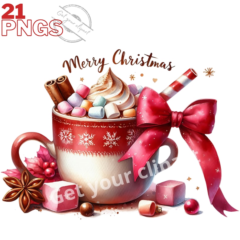 May include: A red and white mug filled with hot chocolate, marshmallows, whipped cream, and a cinnamon stick. A red ribbon with a bow is tied around the mug. The text "Merry Christmas" is written above the mug.